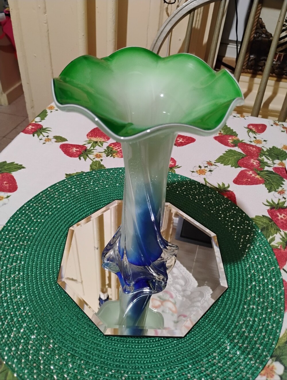 Green and Blue Vintage Art Glass Trumpet Vase